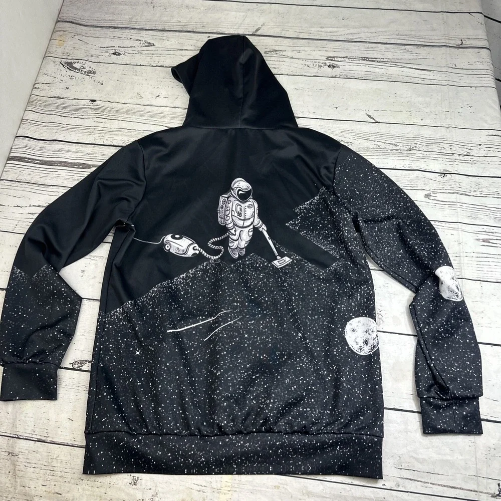 Astronaut Vacuuming Moon Space Galaxy Graphic Hoodie Black White Pullover Mens L